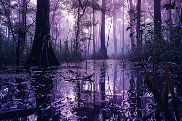 A mysterious swamp with neon dark purple veins in the water and trees,