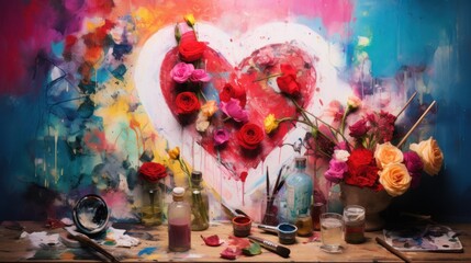  a painting of a heart with flowers in vases and paintbrushes on a table in front of it.