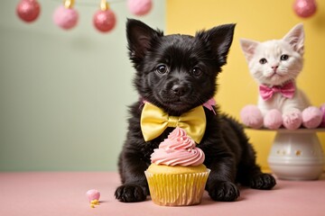 black cute puppy wearing a yellow bow tie and sitting next to a sweet cupcake.