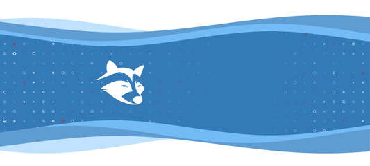 Obraz na płótnie Canvas Blue wavy banner with a white raccoon head symbol on the left. On the background there are small white shapes, some are highlighted in red. There is an empty space for text on the right side