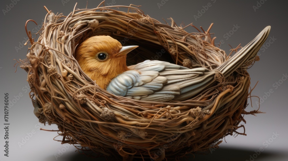 Poster a bird is sitting in a nest made out of a bird's nest with a bird's head sticking out of the nest.