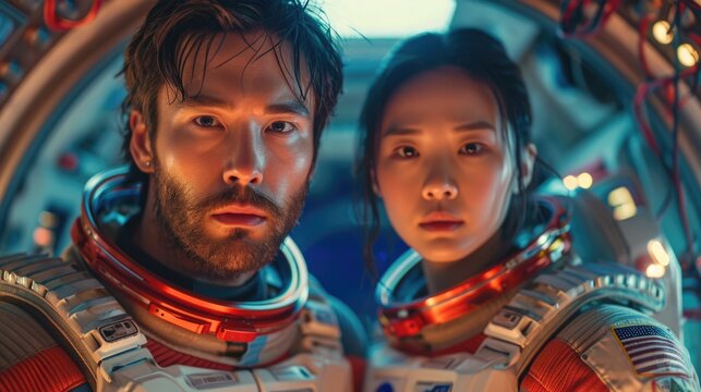 Asian man and woman in spacesuit standing in spaceship. Serious face of a couple in adventure. Generative AI