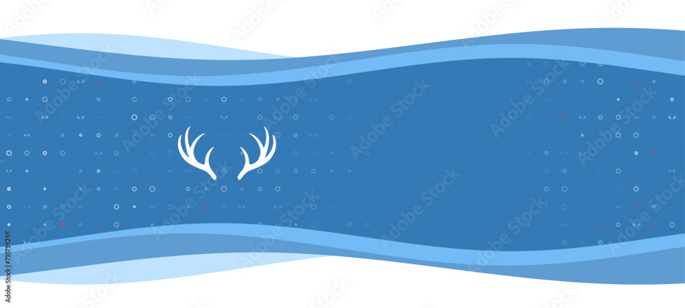Poster blue wavy banner with a white deer horns symbol on the left. on the background there are small white
