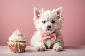 cat wearing a bow tie and sitting next to a sweet cupcake with a pink background