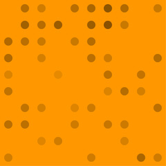 Abstract seamless geometric pattern. Mosaic background of black circles. Evenly spaced big shapes of different color. Vector illustration on orange background