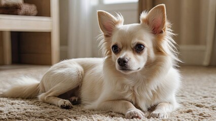 Cream long coat chihuahua dog laying on the floor indoor