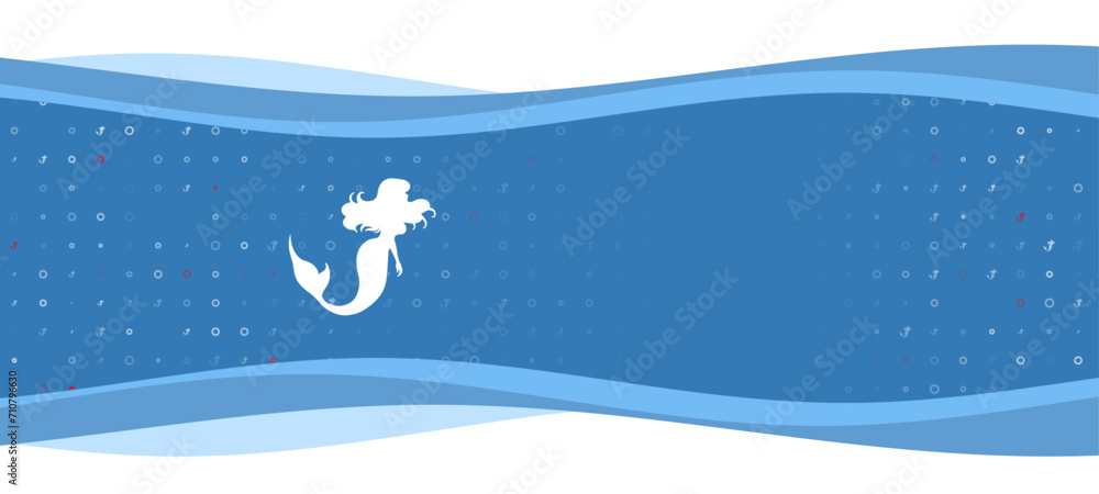 Poster blue wavy banner with a white mermaid symbol on the left. on the background there are small white sh