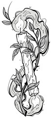 Graphic black and white paraffin or wax lit candle with fire flame and flower stem. Isolated on white background. Vector tattoo icon.