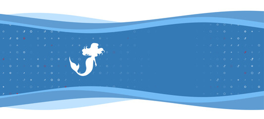 Obraz na płótnie Canvas Blue wavy banner with a white mermaid symbol on the left. On the background there are small white shapes, some are highlighted in red. There is an empty space for text on the right side