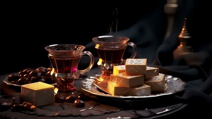 Obraz na płótnie Canvas Turkish tea with sugar cubes and coffee beans on a black background.