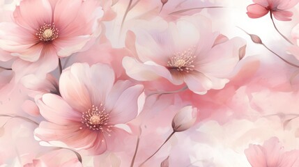  a bunch of pink flowers that are on a white and pink background with some pink flowers in the middle of the picture.