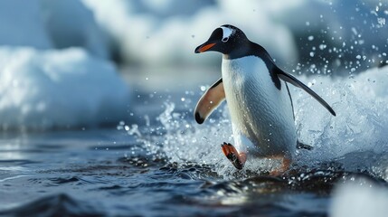 Fototapeta premium A penguin slides on the water, cold nature. Created with Generative Ai technology