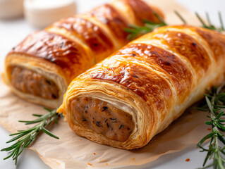 Traditional British Sausage Roll. Close-up on freshly baked sausage rolls on a white country style background. Foodie rustic patisserie - takeaway comfort food. 