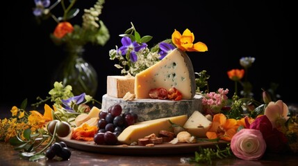  a platter of cheese, grapes, and flowers on a table with a vase of flowers in the background.