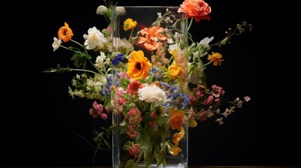  a vase filled with lots of colorful flowers on top of a wooden table in front of a black back ground.