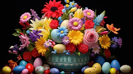  a vase filled with lots of colorful flowers sitting next to eggs and eggs on top of a table next to a bunch of flowers.