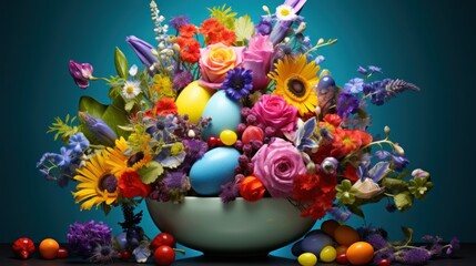  a colorful arrangement of flowers and eggs in a white bowl on a blue background with other flowers and eggs around it.