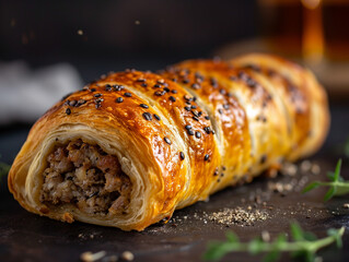 Traditional British Sausage Roll. Close-up on freshly baked sausage rolls on a dark country style background. Foodie rustic patisserie - takeaway comfort food. 