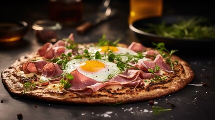  a pizza topped with ham and an egg on top of a black surface next to a bowl of olives.
