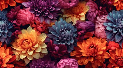  a bunch of colorful flowers that are in the middle of a bunch of different shades of purple, orange, and red.