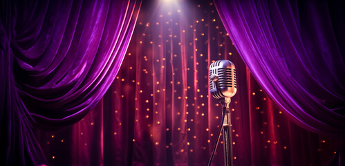 Vintage metal microphone, retro item against purple velvet curtain background with glitter. Microphone in artistic style