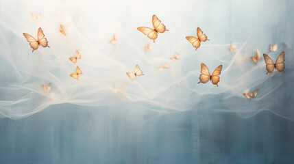  a painting of a group of butterflies flying in the air over a foggy, blue, and white background.