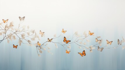  a painting of a branch with lots of butterflies on it and a light blue background with a white wall behind it.