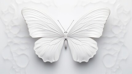  a white butterfly sitting on top of a white surface with a pattern on the back of it's wings.