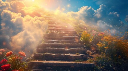 Majestic stairway reaching towards the sky, an ethereal path unveiling a heavenly journey - obrazy, fototapety, plakaty