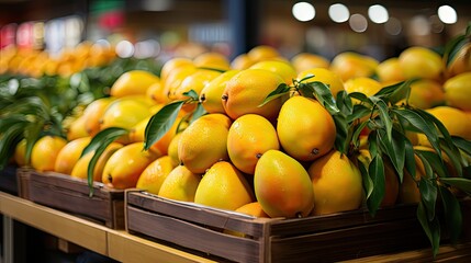 Organic fresh Indian alphonso mangoes in a basket at a supermarket, India Bangladesh subcontinent tropical summer season fruit
