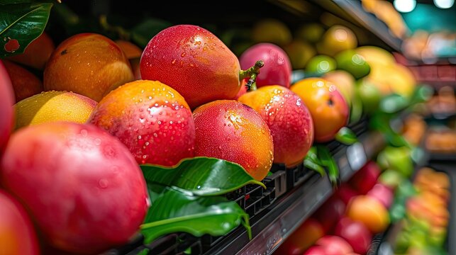 Fresh organic Himsagar Pairi Sindhura Chausa Kesar Langra mangoes in basket at a Supermarket,  Indian Bangladeshi Tropical summer season fruit