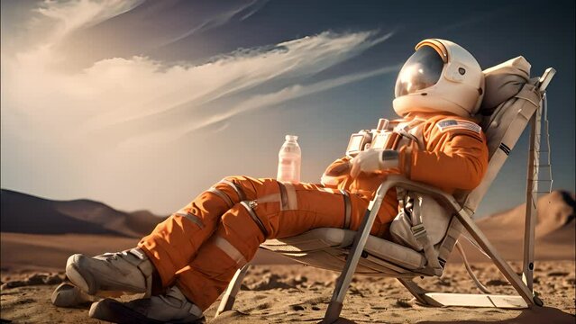 Man in Orange Astronaut Suit Sitting in Chair