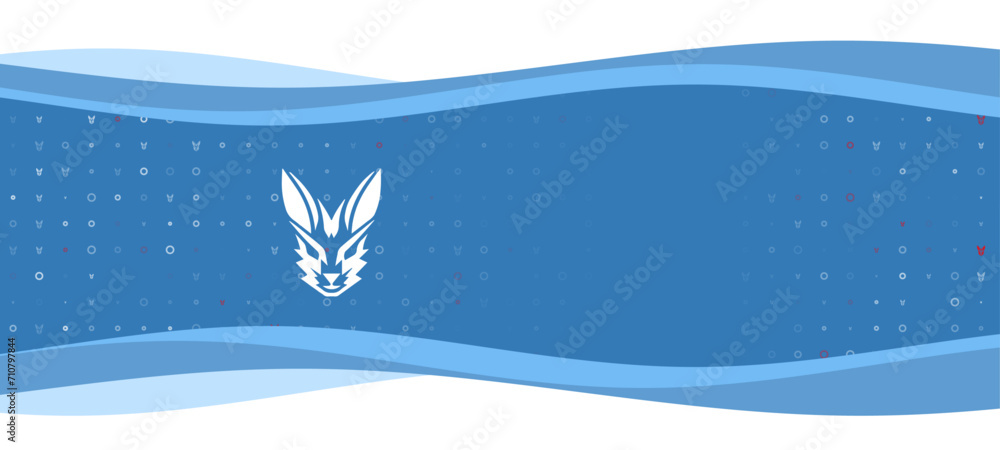 Poster blue wavy banner with a white hare's head symbol on the left. on the background there are small whit