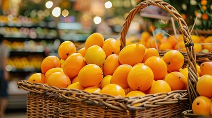 Organic fresh Indian alphonso mangoes in a basket at a supermarket, India Bangladesh subcontinent tropical summer season fruit