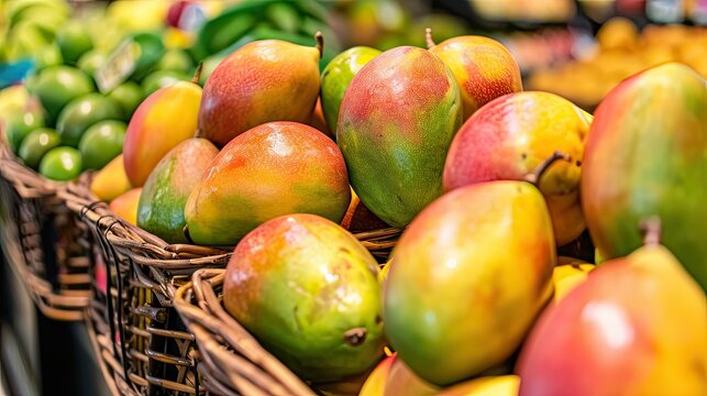 Fresh organic Himsagar Pairi Sindhura Chausa Kesar Langra mangoes in basket at a Supermarket,  Indian Bangladeshi Tropical summer season fruit