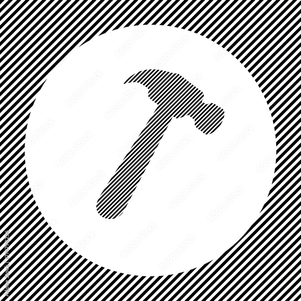Poster a large hammer symbol in the center as a hatch of black lines on a white circle. interlaced effect. 