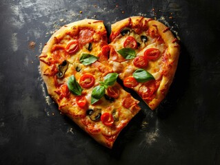 pizza piece in shape of heart on black background, background Valentine's Day