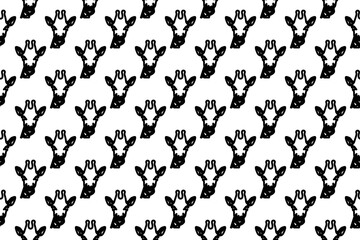 Seamless pattern completely filled with outlines of giraffe head symbols. Elements are evenly spaced. Illustration on transparent background