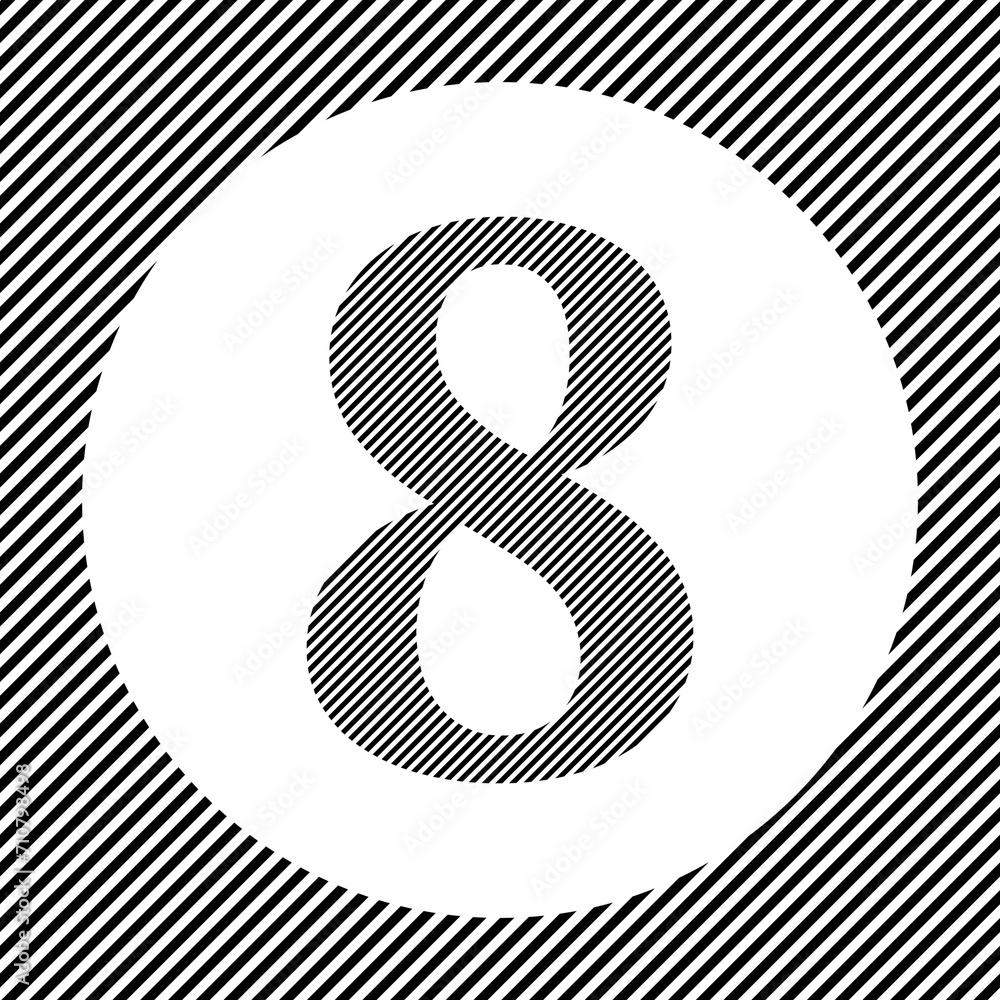Poster a large number eight symbol in the center as a hatch of black lines on a white circle. interlaced ef