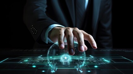 cyber security and internet security online, a businessman touching fingerprint identification to access personal financial data on a digital network, the integration of technology in network.