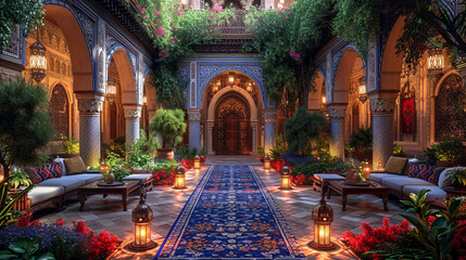 An ornate courtyard of a historic mosque, surrounded by intricately tiled archways and lush gardens, the soft glow of lanterns enhancing the timeless beauty and spiritual tranquili