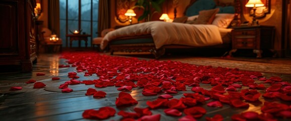 Romantic Rose Petal Trail, Bedroom. Valentine's day banner. 