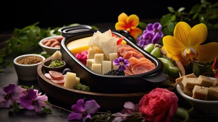  a close up of a platter of food on a table with flowers on the side of the platter.
