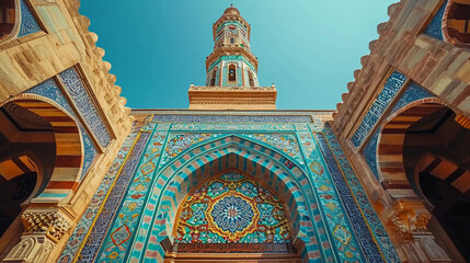 Obraz premium An enchanting view of a mosque's minaret reaching towards the heavens, with the intricate detailing of the calligraphy and geometric patterns creating a visually stunning focal poi