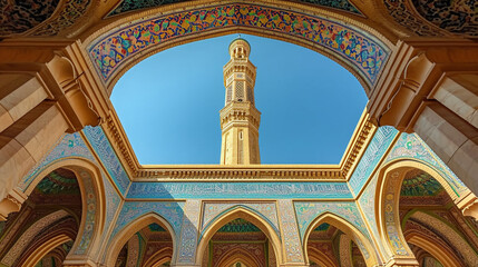 An enchanting view of a mosque's minaret reaching towards the heavens, with the intricate detailing of the calligraphy and geometric patterns creating a visually stunning focal poi - obrazy, fototapety, plakaty