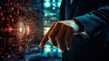 cyber security and internet security online, a businessman touching fingerprint identification to access personal financial data on a digital network, the integration of technology in network.