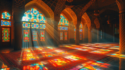 Obraz premium An exquisite shot of a mosque's prayer hall during a golden hour, with rays of sunlight streaming through stained glass windows, illuminating the intricate patterns and textures of