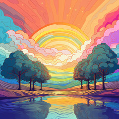 2D rainbow pastel color landscape with river, cloud. cartoon style