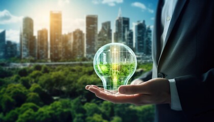 Human touching a advanced technology based on AI light with greenery city, eco-friendly city on a city background with hologram network light bulb screen icons for energy source renewable.