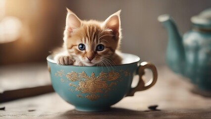 cat with cup A tiny Maine Coon kitten with soft, tufted ears, peeking out from a giant tea cup 